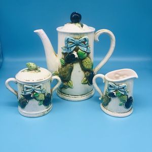 Vintage Napcoware Teapot Creamer Sugar Bowl Blue Green Fruit Design Ceramic 8537